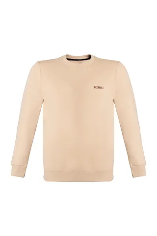 Erkek Ekru Sıfır Yaka Nakışlı Sweat — BEJ