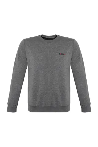Erkek Ekru Sıfır Yaka Nakışlı Sweat — ANTRASIT