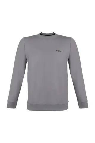 Erkek Ekru Sıfır Yaka Nakışlı Sweat — GRI