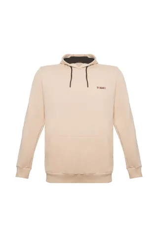 Erkek Sıfır Yaka Nakışlı Kapüşonlu Sweat — BEJ