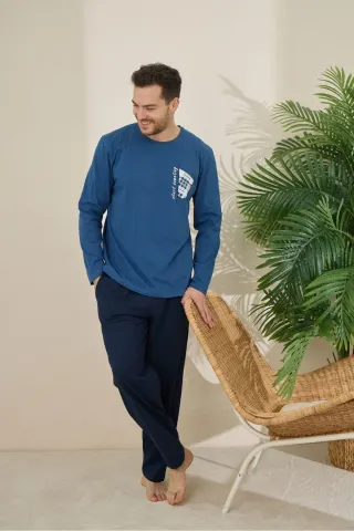 Erkek %100 Pamuk Uzun Kollu Baskılı Kaliteli Pijama Takımı — LACIVERT