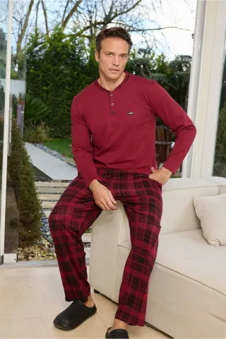 Erkek %100 Doğal Pamuk Ekoseli Uzun Kollu Baskılı Kaliteli Pijama Takımı — BORDO