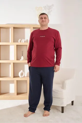 Erkek %100 Pamuk Uzun Kollu Baskılı Kaliteli Pijama Takımı — BORDO