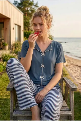 Kadın Kurdele/Fiyonklu Kısa Kollu Yüksek Kaliteli Esnek Pijama Takımı — ALTIN