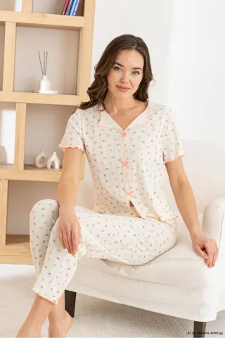 Kadın Kurdele/Fiyonklu Kısa Kollu Yüksek Kaliteli Esnek Pijama Takımı — TURUNCU