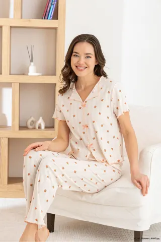 Kadın Kurdele/Fiyonklu Kısa Kollu Yüksek Kaliteli Esnek Pijama Takımı — SARI