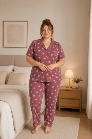 Kadın Yüksek Kaliteli Büyük Beden Gömlek Yaka Düğmeli Battal Pijama Takımı — GULKURUSU