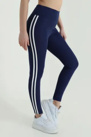 Kadın Ekstra Yüksek Bel Şeritli Dalgıç Kumaş Esnek Spor Rahat Günlük Tayt — MAVI